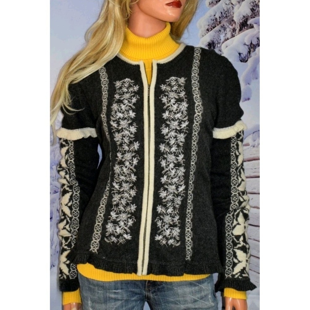 Sundance Edelweiss Gray Lambswool Embroidered Cardigan Sweater Zip Front Medium